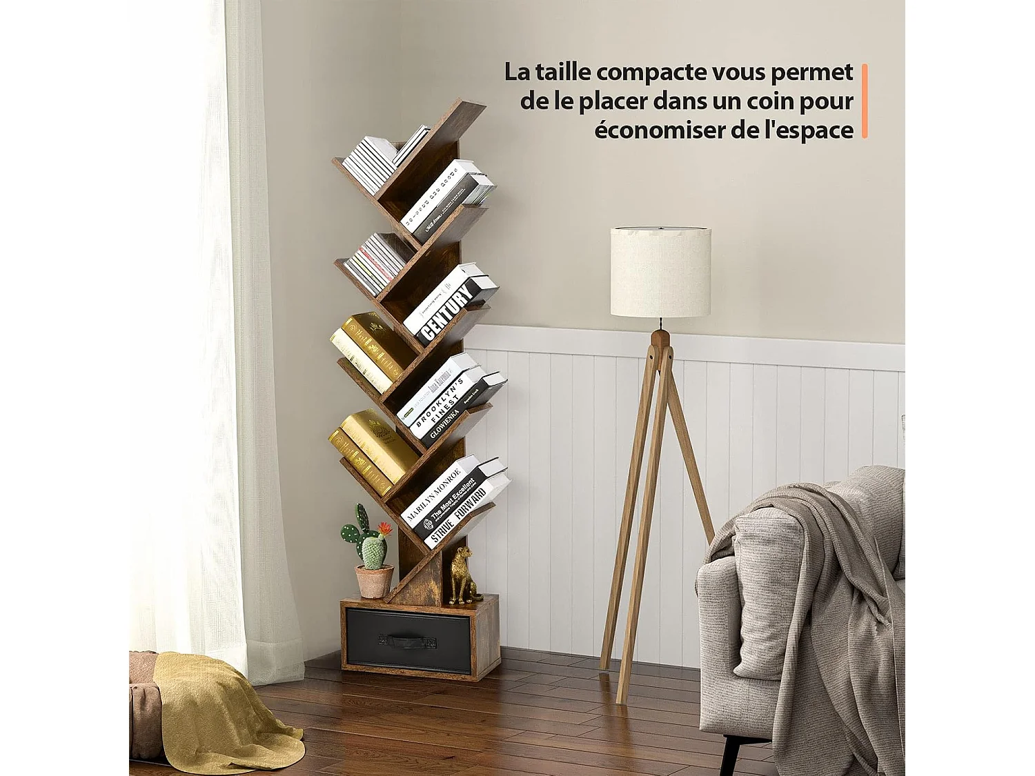 Bibliothèque à 8 niveaux en forme arbre avec tiroir tissu amovible, marron