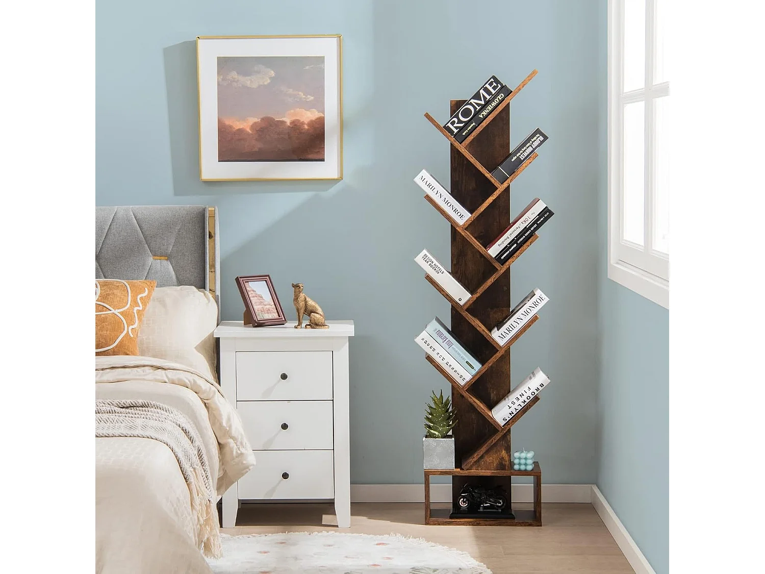 Bibliothèque à 8 niveaux en forme arbre avec tiroir tissu amovible, marron