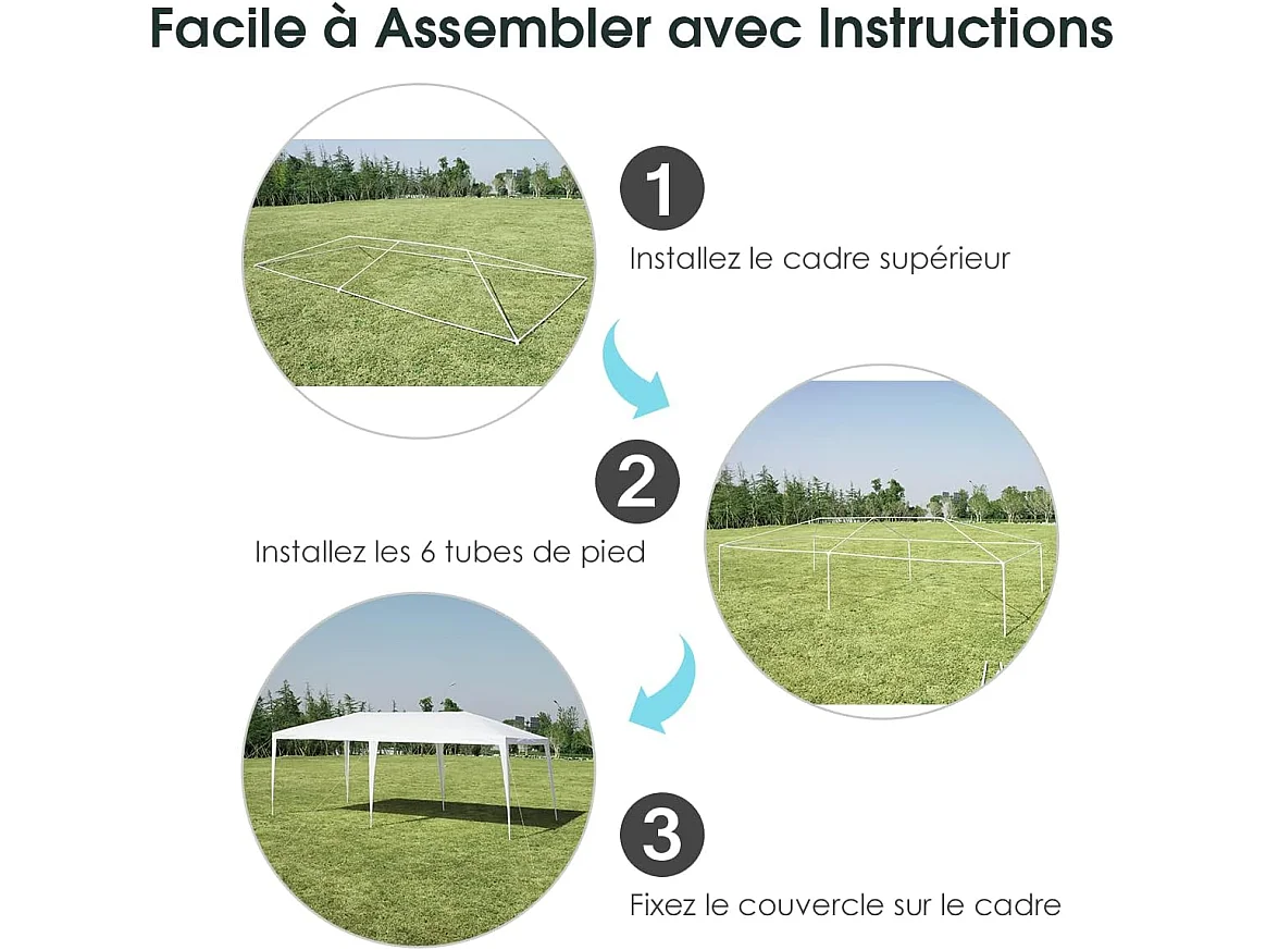 Tonnelle de Jardin 3 M x 6 M Étanche/Tente de Réception/Barnum en Tube Métal 6 Cordes à Vent et 12 Piquets, pour Fêtes Commercial Mariage, Blanc