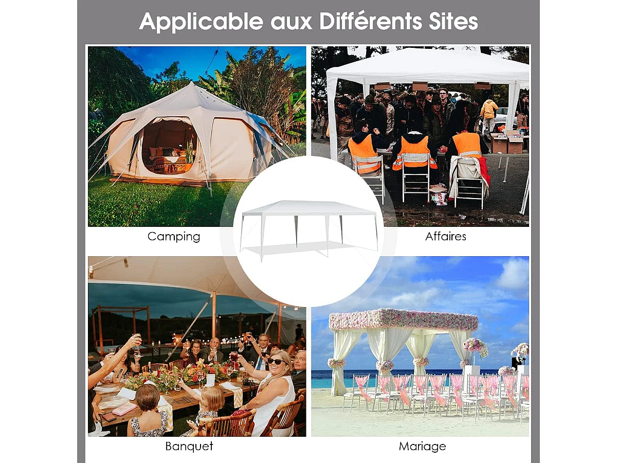 Tonnelle de Jardin 3 M x 6 M Étanche/Tente de Réception/Barnum en Tube Métal 6 Cordes à Vent et 12 Piquets, pour Fêtes Commercial Mariage, Blanc