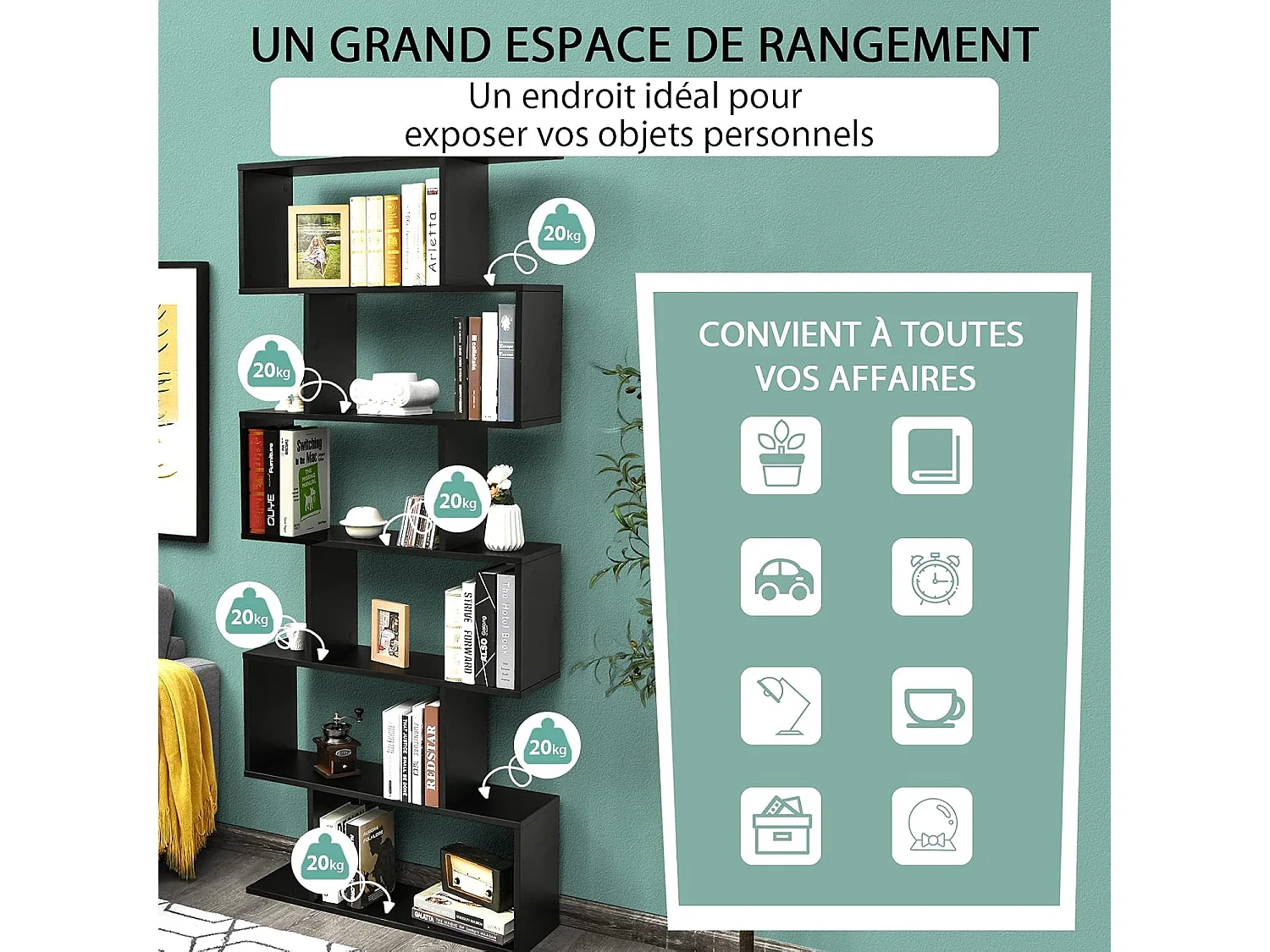 S-vormige boekenkast, 6-laags plank, anti-kantelopslag, 80 x 23 x 191 cm, voor woonkamer, slaapkamer, kantoor, zwart