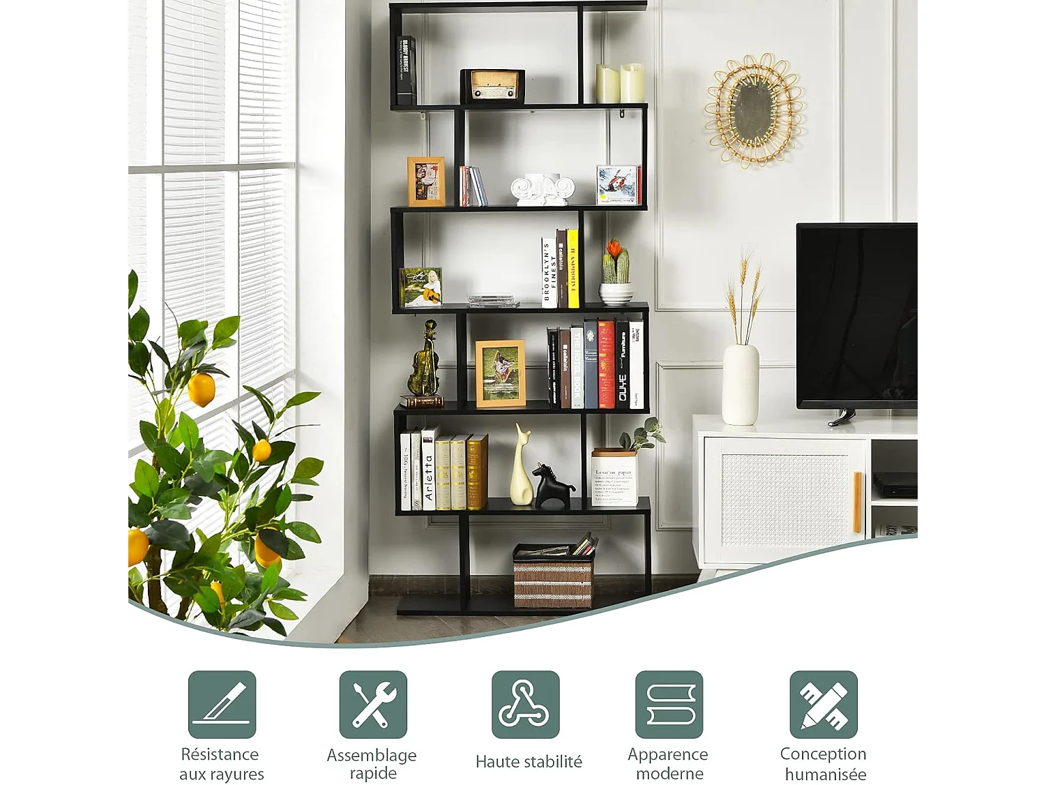 S-vormige boekenkast, 6-laags plank, anti-kantelopslag, 80 x 23 x 191 cm, voor woonkamer, slaapkamer, kantoor, zwart