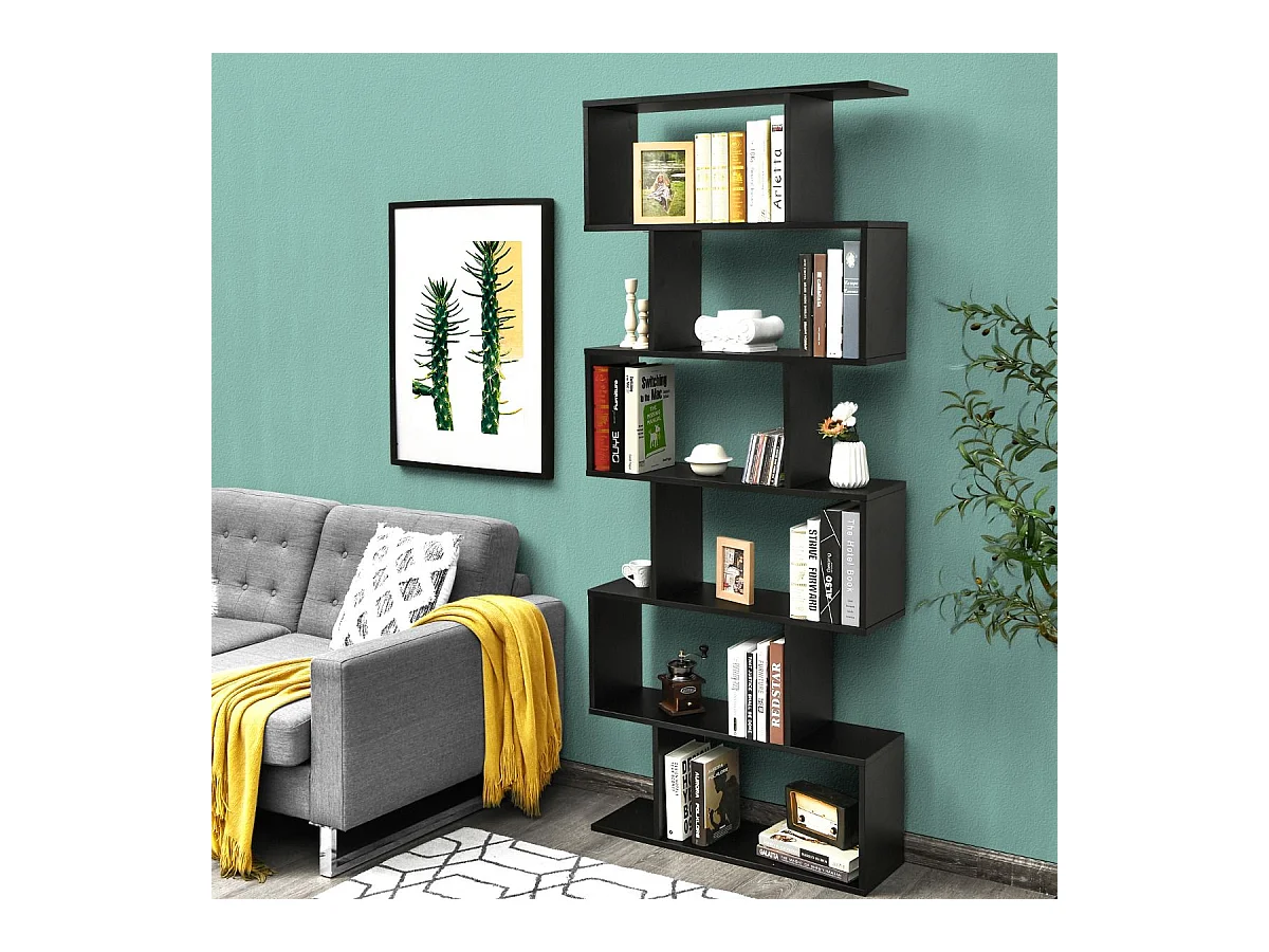 Bibliothèque en Forme de S, Étagère à 6 Niveaux, Meuble de Rangement avec Anti-basculement, 80 x 23 x 191 cm, pour Salon, Chambre, Bureau, Noir
