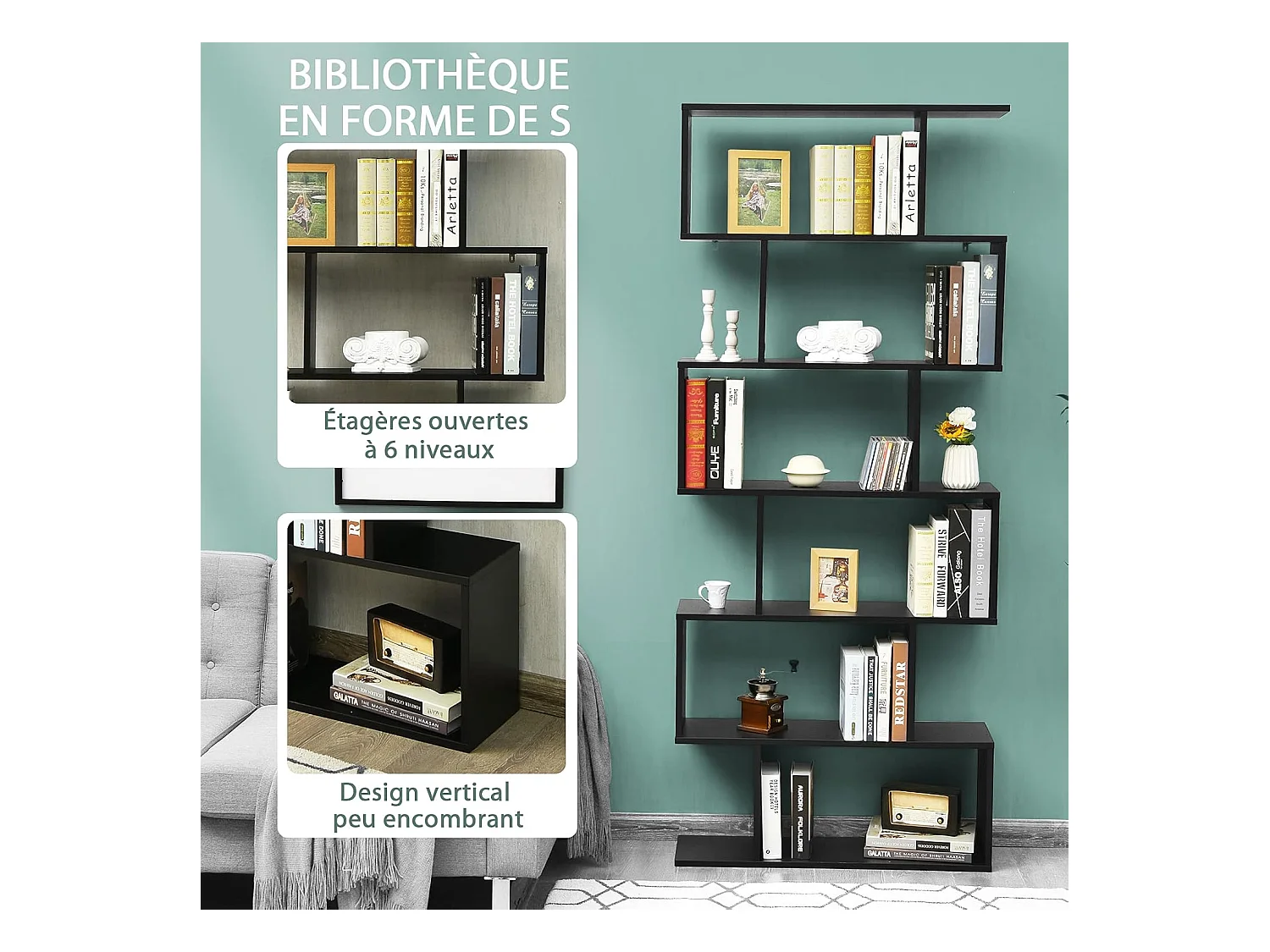 Bibliothèque en Forme de S, Étagère à 6 Niveaux, Meuble de Rangement avec Anti-basculement, 80 x 23 x 191 cm, pour Salon, Chambre, Bureau, Noir