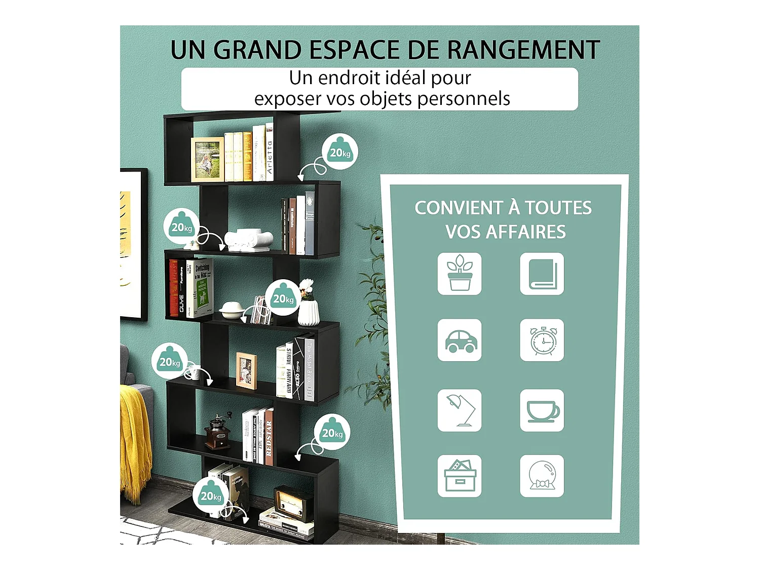 Bibliothèque en Forme de S, Étagère à 6 Niveaux, Meuble de Rangement avec Anti-basculement, 80 x 23 x 191 cm, pour Salon, Chambre, Bureau, Noir