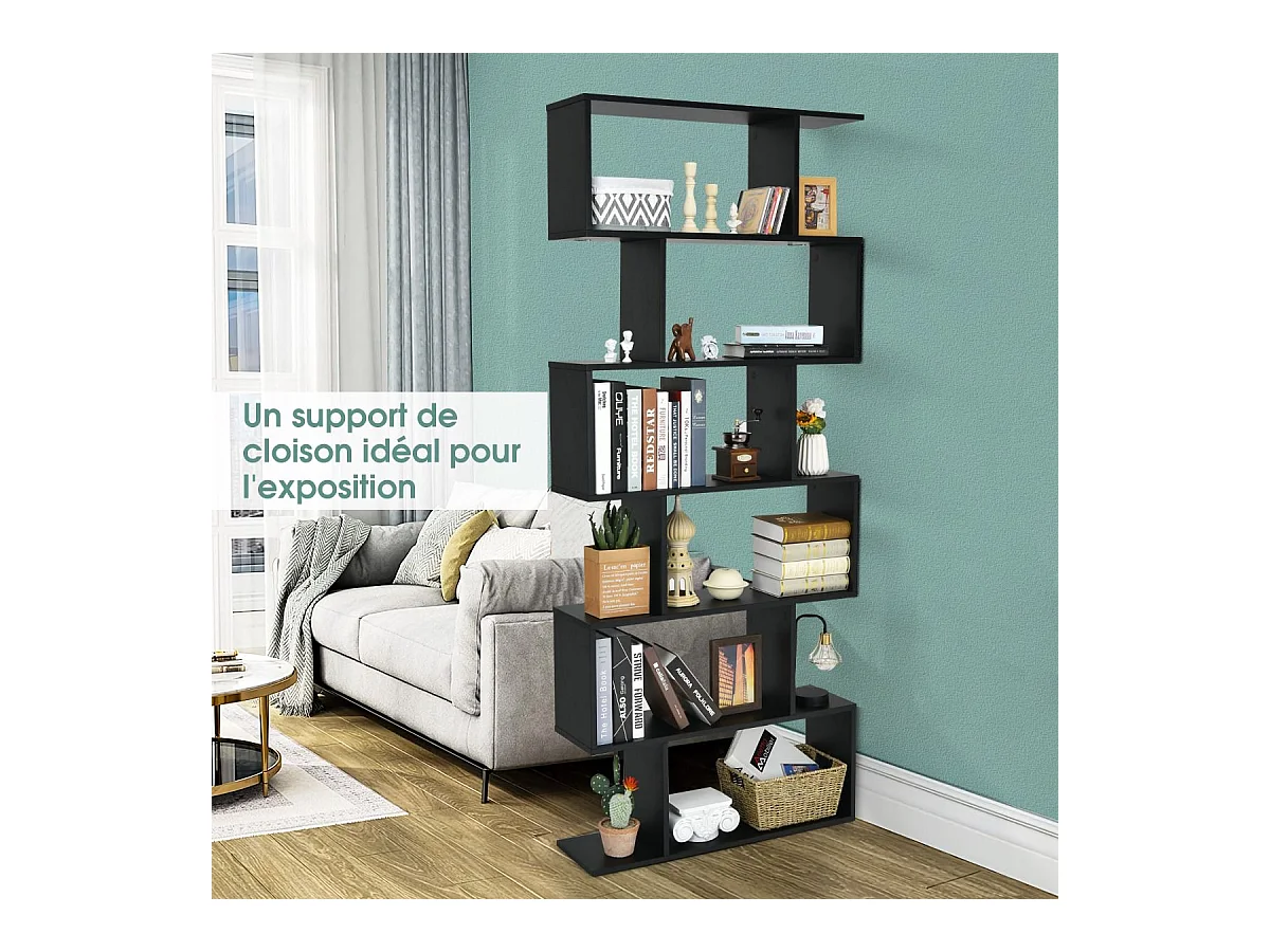 Bibliothèque en Forme de S, Étagère à 6 Niveaux, Meuble de Rangement avec Anti-basculement, 80 x 23 x 191 cm, pour Salon, Chambre, Bureau, Noir