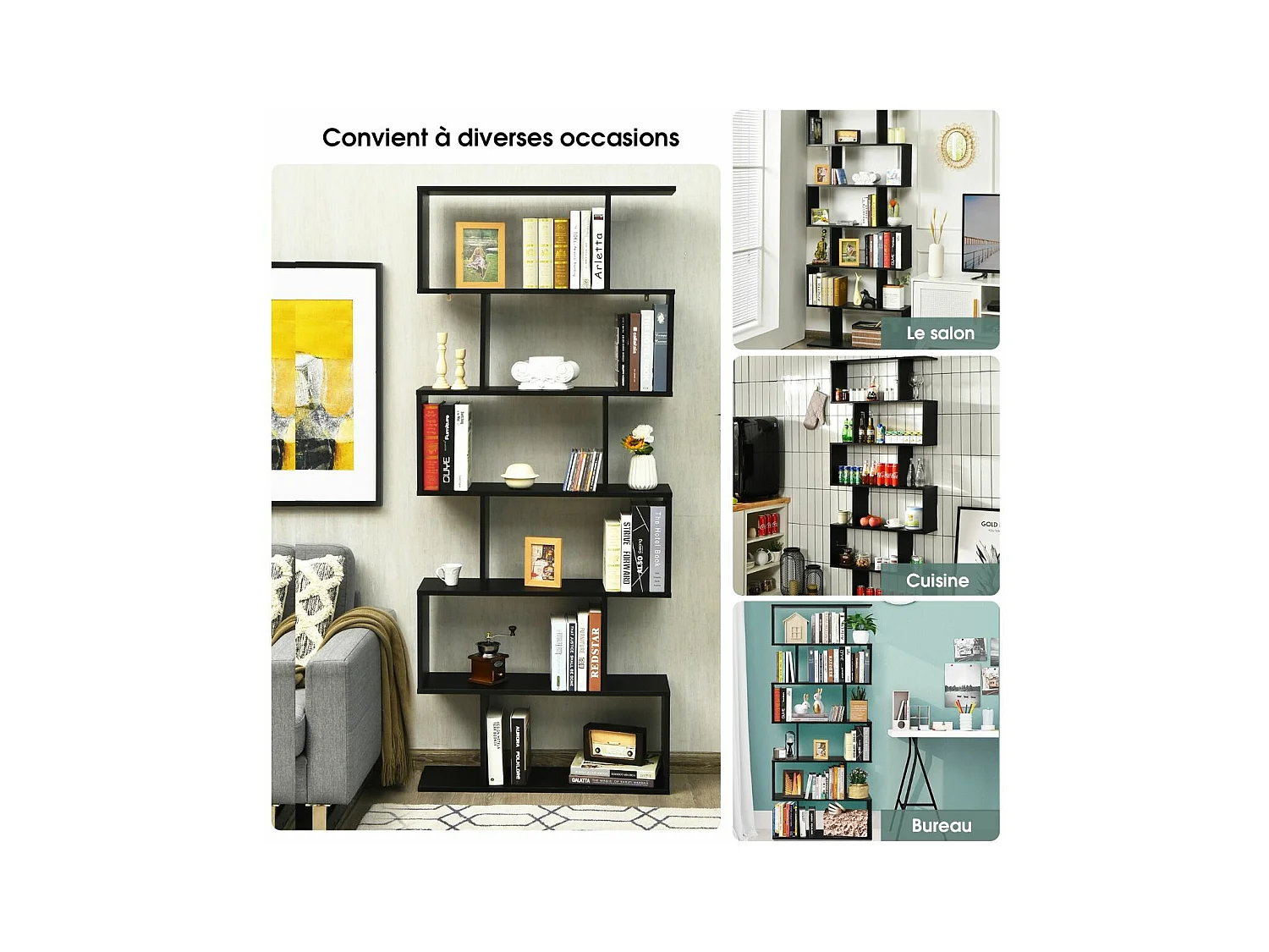 Bibliothèque en Forme de S, Étagère à 6 Niveaux, Meuble de Rangement avec Anti-basculement, 80 x 23 x 191 cm, pour Salon, Chambre, Bureau, Noir