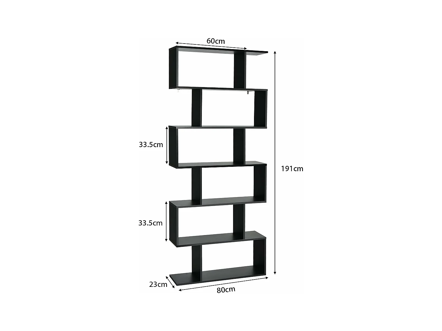 Bibliothèque en Forme de S, Étagère à 6 Niveaux, Meuble de Rangement avec Anti-basculement, 80 x 23 x 191 cm, pour Salon, Chambre, Bureau, Noir