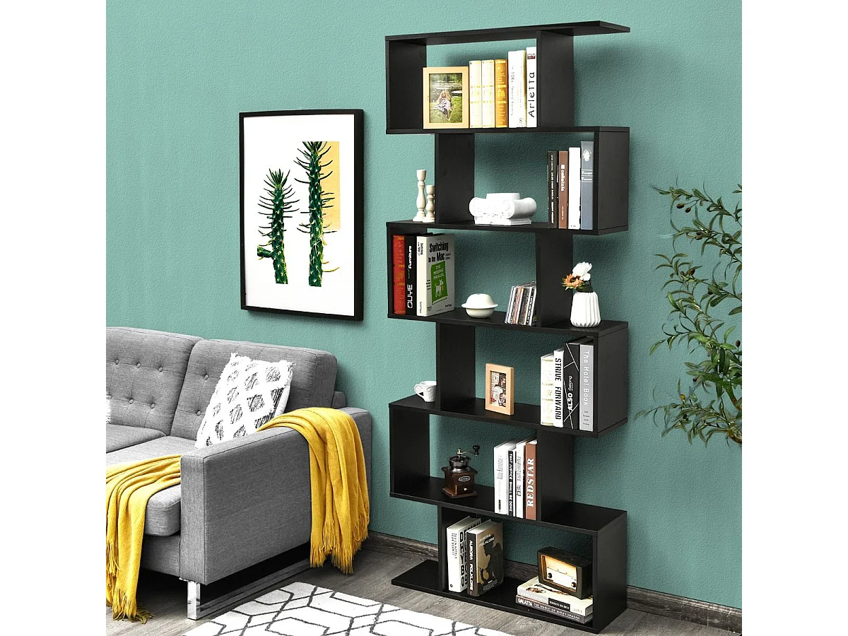 S-vormige boekenkast, 6-laags plank, anti-kantelopslag, 80 x 23 x 191 cm, voor woonkamer, slaapkamer, kantoor, zwart