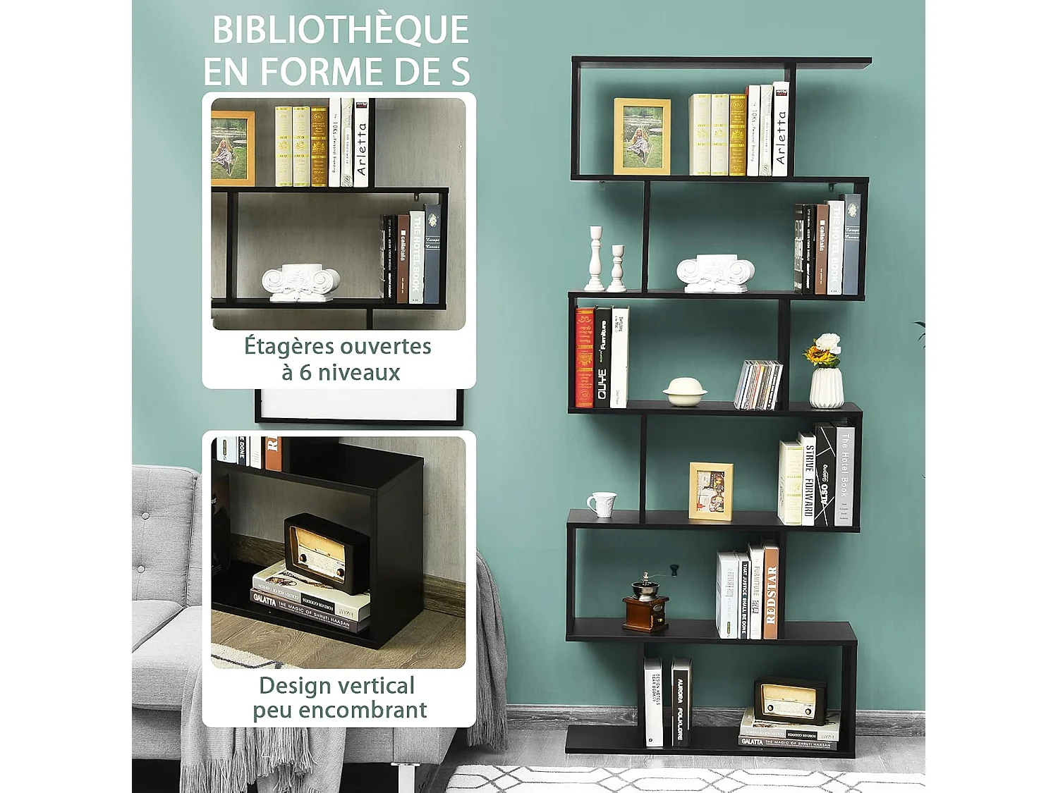 S-vormige boekenkast, 6-laags plank, anti-kantelopslag, 80 x 23 x 191 cm, voor woonkamer, slaapkamer, kantoor, zwart