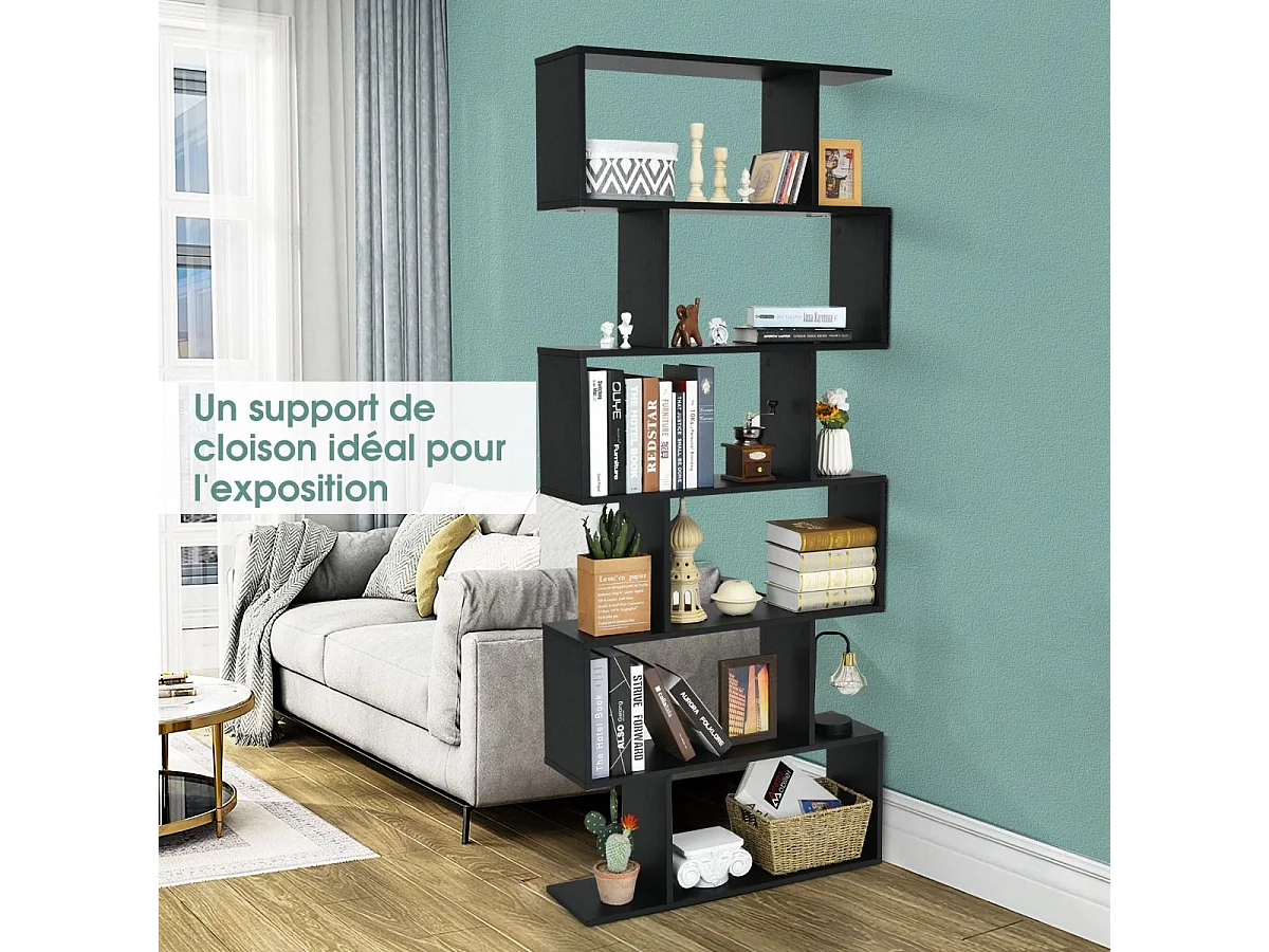 S-vormige boekenkast, 6-laags plank, anti-kantelopslag, 80 x 23 x 191 cm, voor woonkamer, slaapkamer, kantoor, zwart