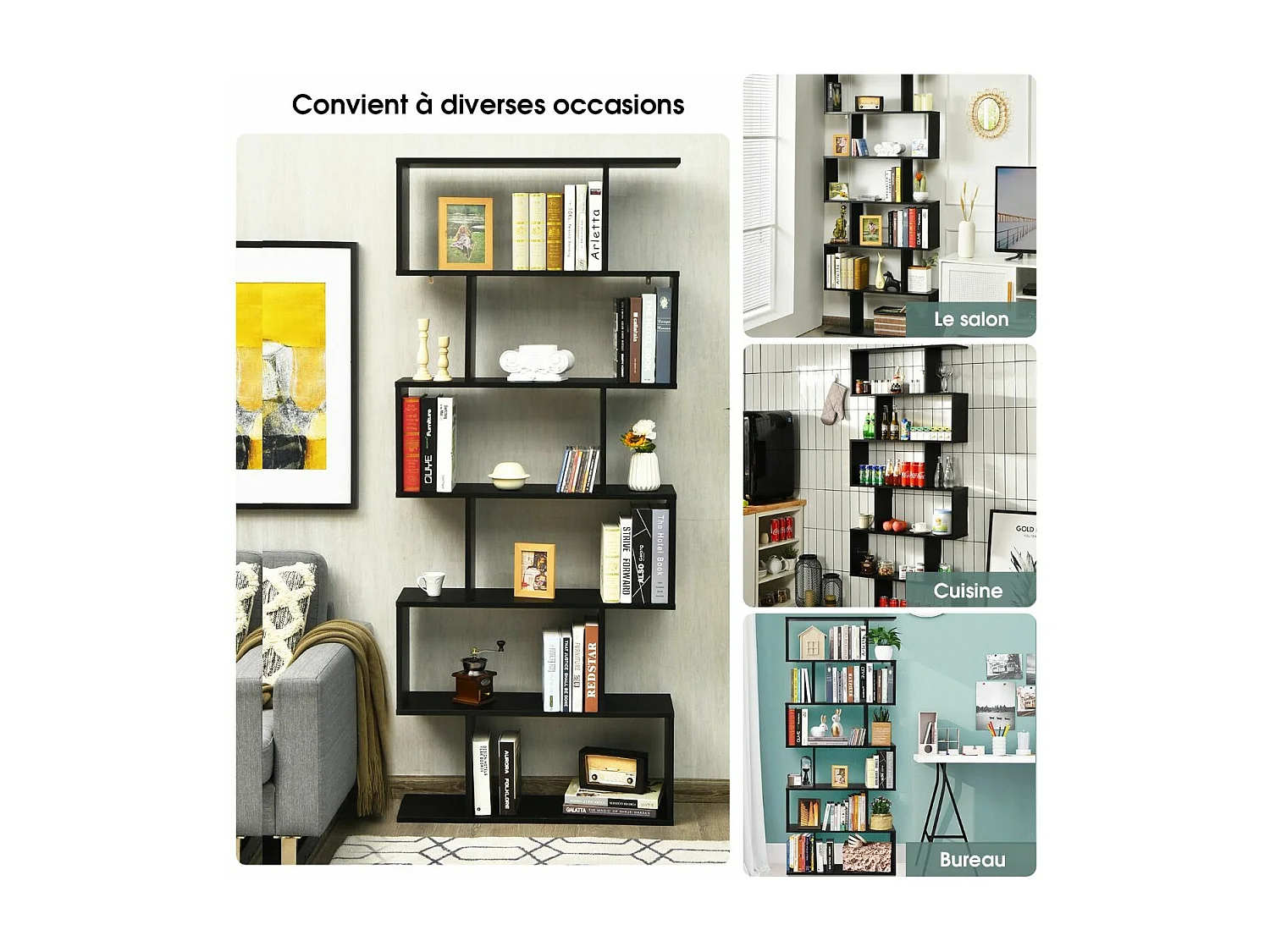 S-vormige boekenkast, 6-laags plank, anti-kantelopslag, 80 x 23 x 191 cm, voor woonkamer, slaapkamer, kantoor, zwart