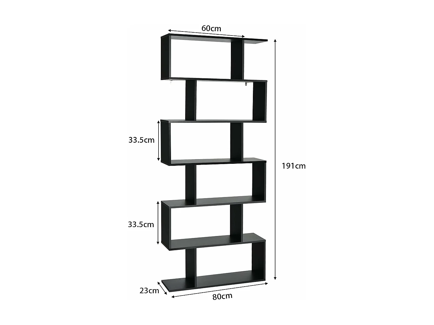 S-vormige boekenkast, 6-laags plank, anti-kantelopslag, 80 x 23 x 191 cm, voor woonkamer, slaapkamer, kantoor, zwart