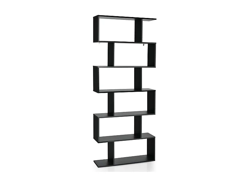 S-vormige boekenkast, 6-laags plank, anti-kantelopslag, 80 x 23 x 191 cm, voor woonkamer, slaapkamer, kantoor, zwart