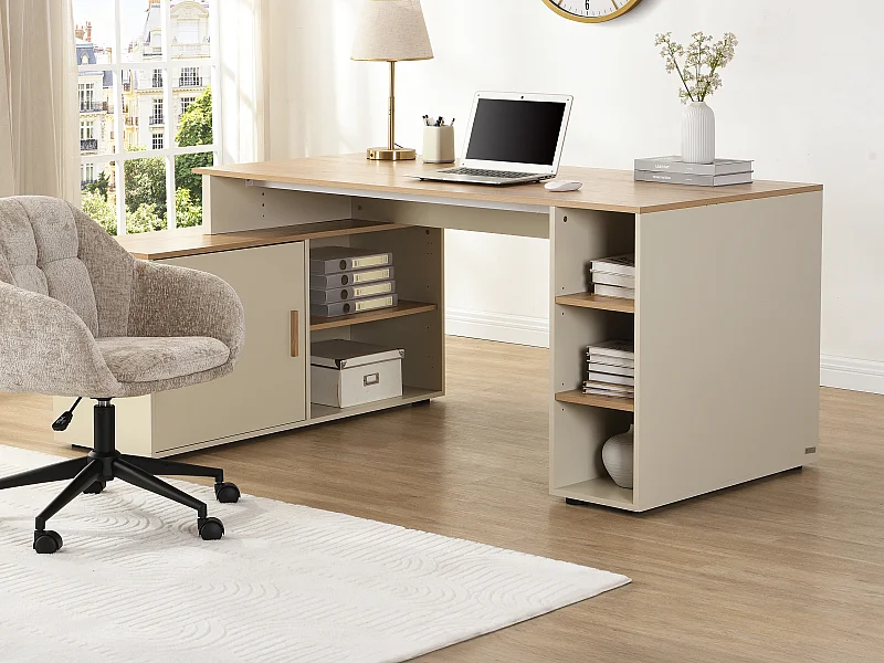 Eckschreibtisch mit Stauraum - MDF - Beige und Natur - ROMIARA
