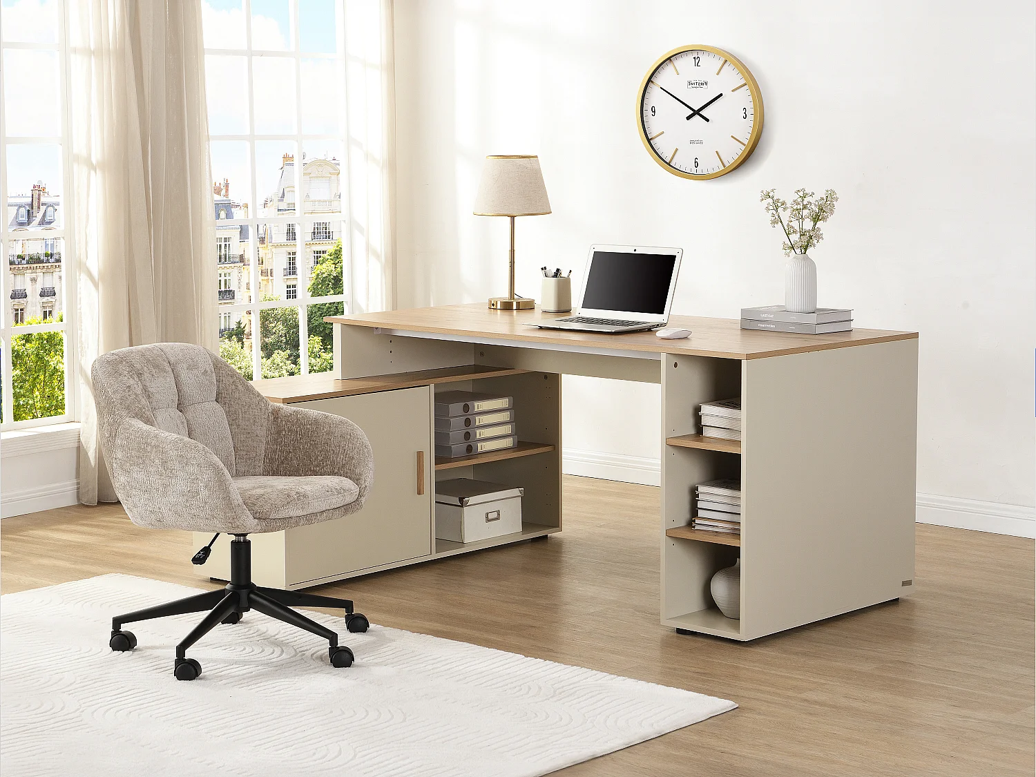 Bureau d'angle avec rangements - MDF - Beige et naturel - ROMIARA