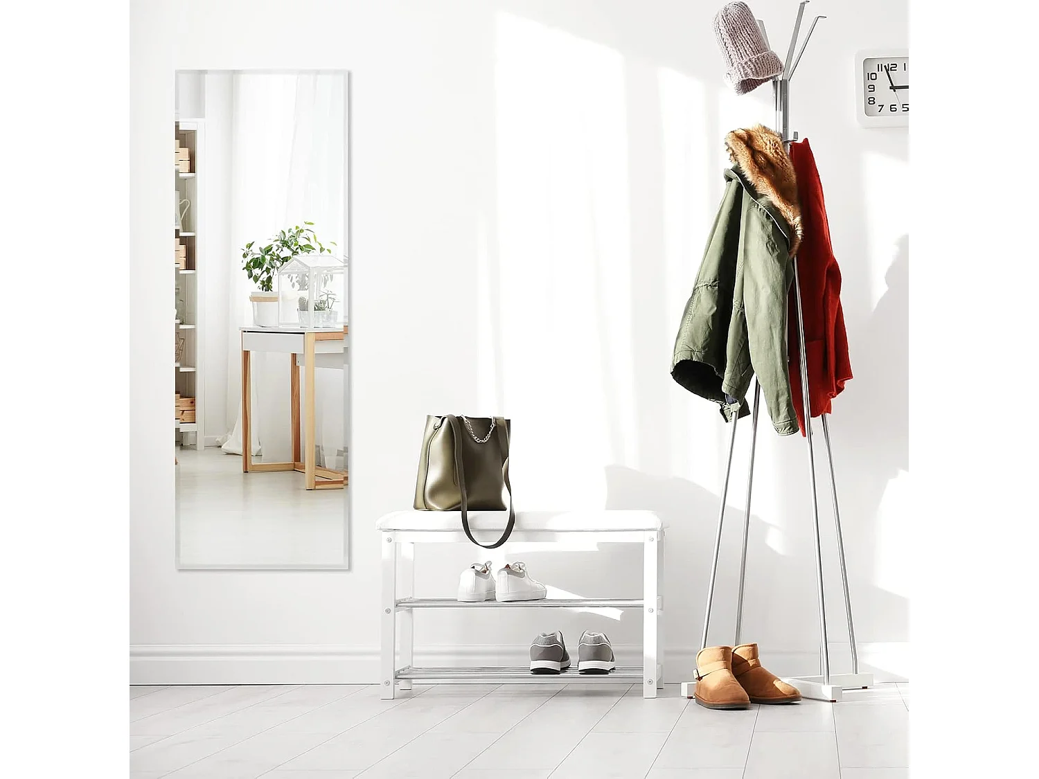 Grote wandspiegel, 110 x 38 cm, rechthoekig over de volledige lengte met verticale of horizontale afgeschuinde rand