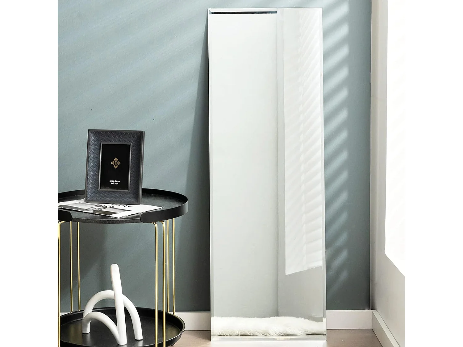 Grote wandspiegel, 110 x 38 cm, rechthoekig over de volledige lengte met verticale of horizontale afgeschuinde rand