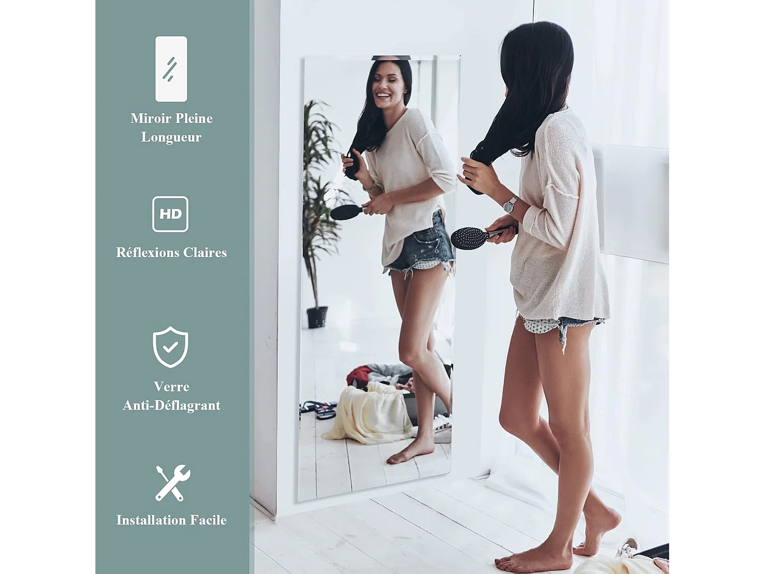 Grand Miroir Mural 110 x 38 cm, Rectangulaire Pleine Longueur avec Bord Biseauté Vertical ou Horizontal