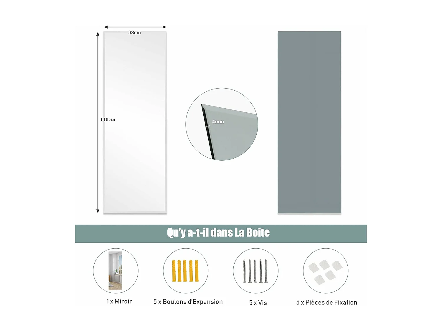 Grand Miroir Mural 110 x 38 cm, Rectangulaire Pleine Longueur avec Bord Biseauté Vertical ou Horizontal