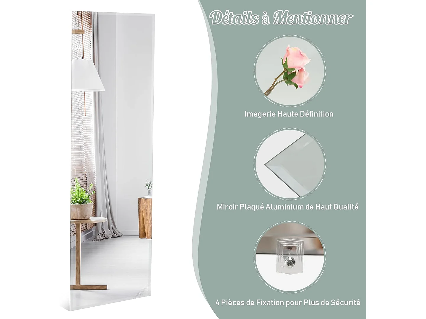 Grand Miroir Mural 110 x 38 cm, Rectangulaire Pleine Longueur avec Bord Biseauté Vertical ou Horizontal