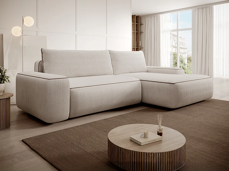 Canapé d'angle droit convertible en velours côtelé beige ZOMELA