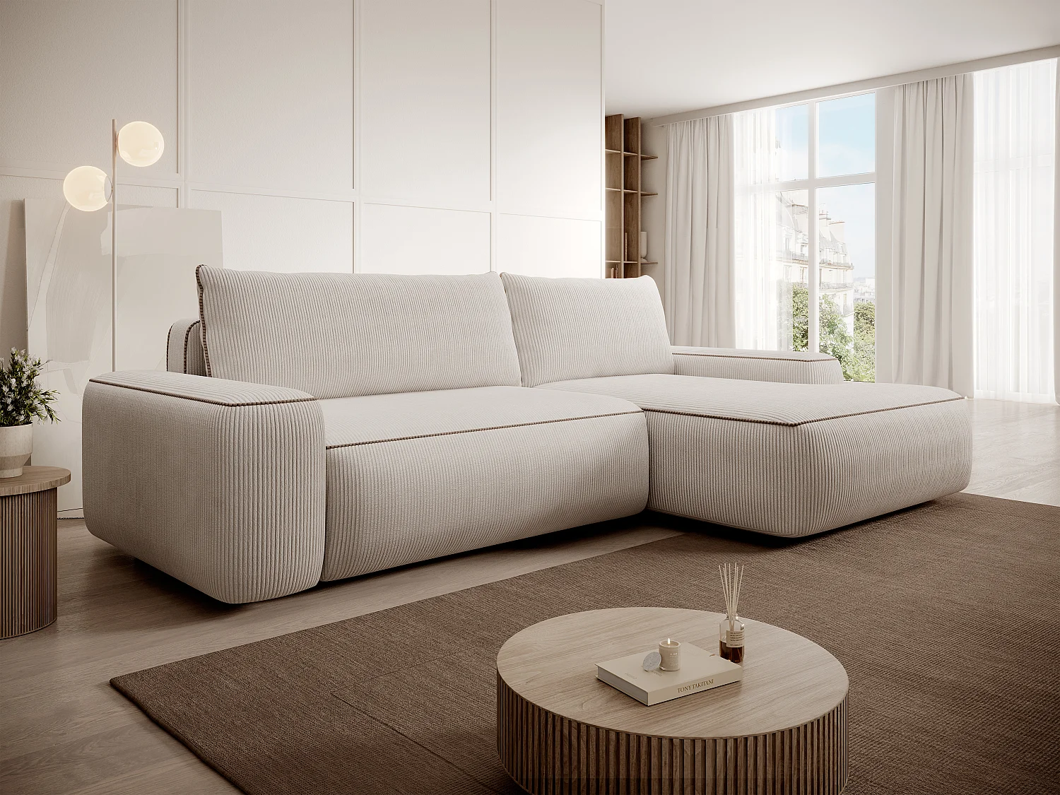 Canapé d'angle droit convertible en velours côtelé beige ZOMELA