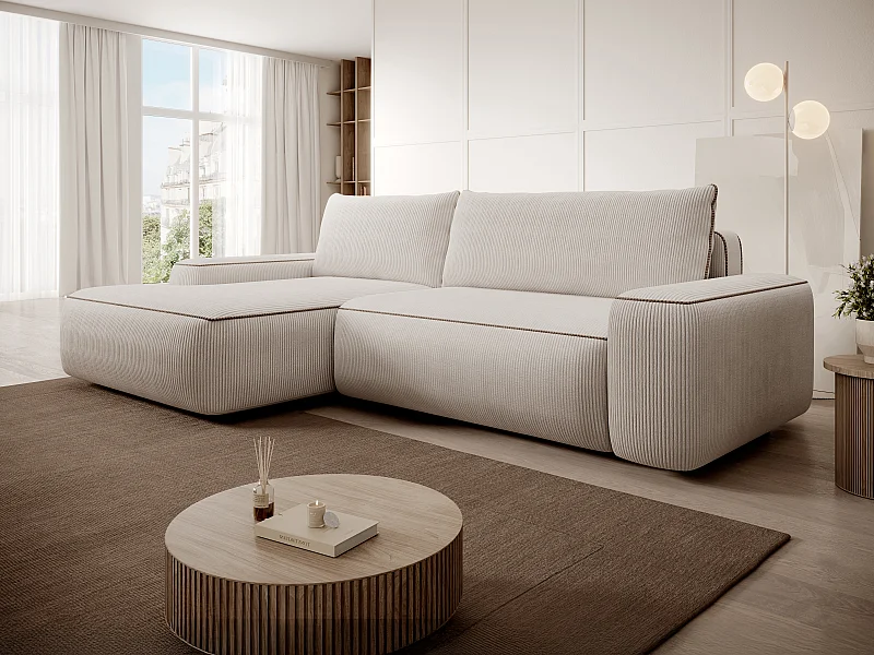Canapé d'angle gauche convertible en velours côtelé beige ZOMELA