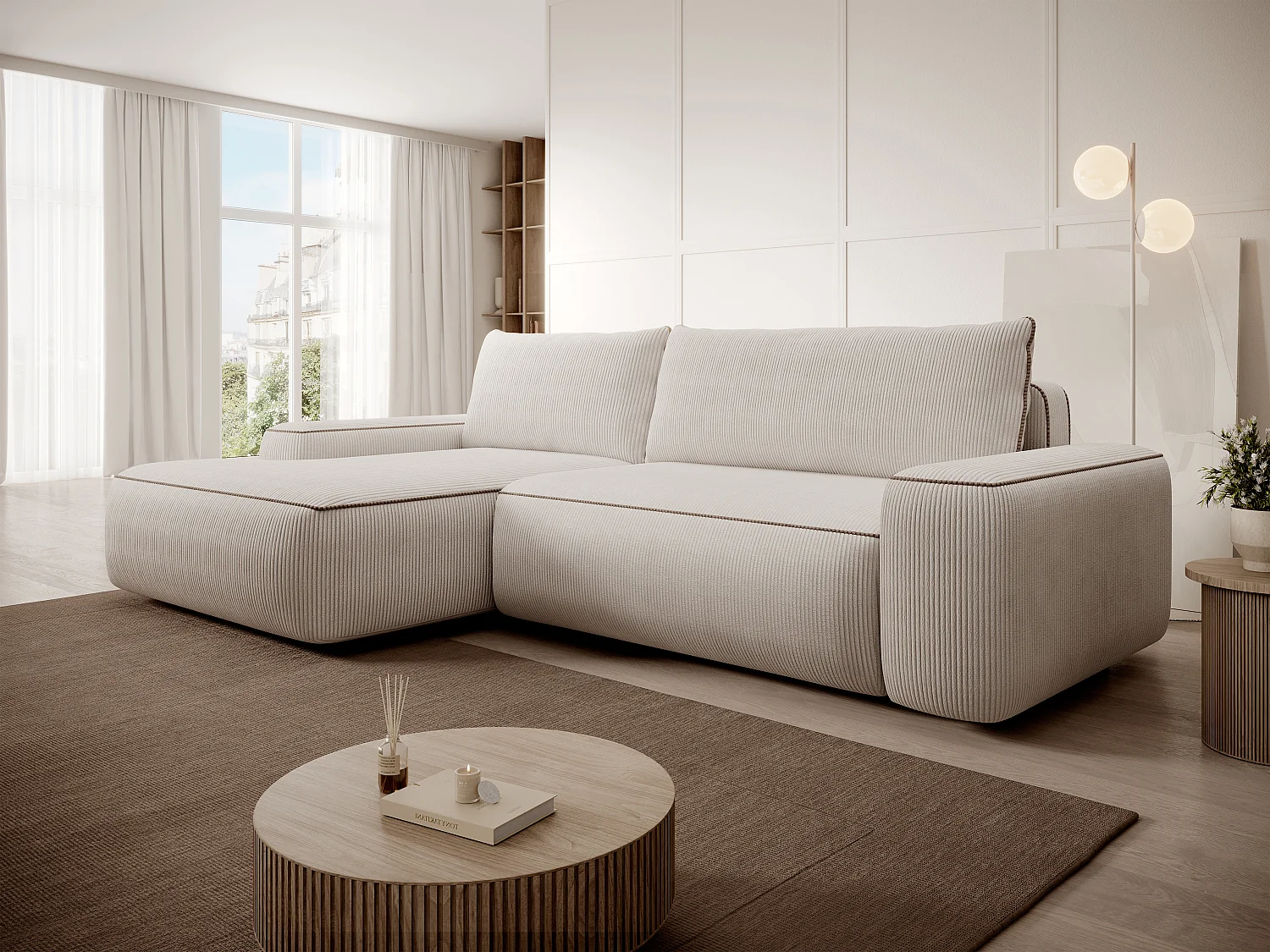 Ecksofa mit Schlaffunktion - Ecke links - Cord - Beige - ZOMELA