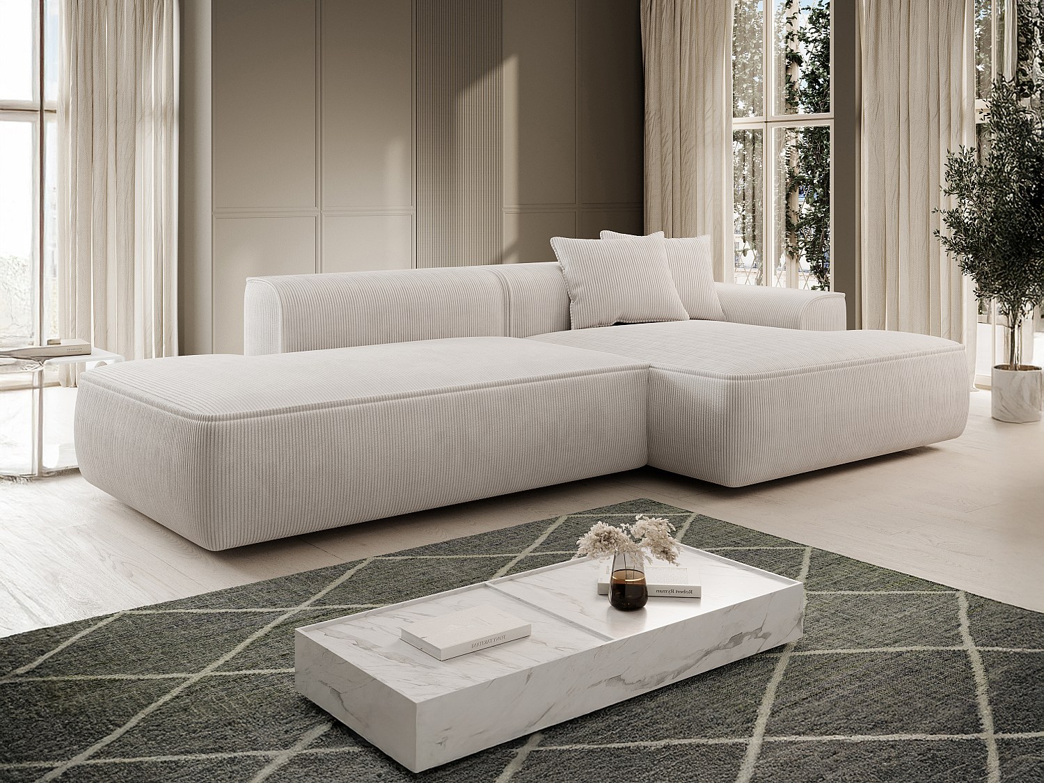 Rettvinklet sofa i beige kordfløyel ERYNEL