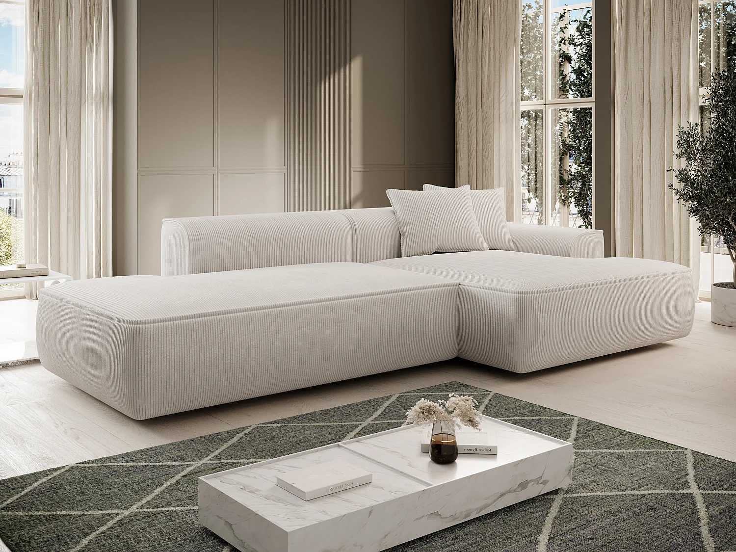 Canapé d'angle droit en velours côtelé beige ERYNEL