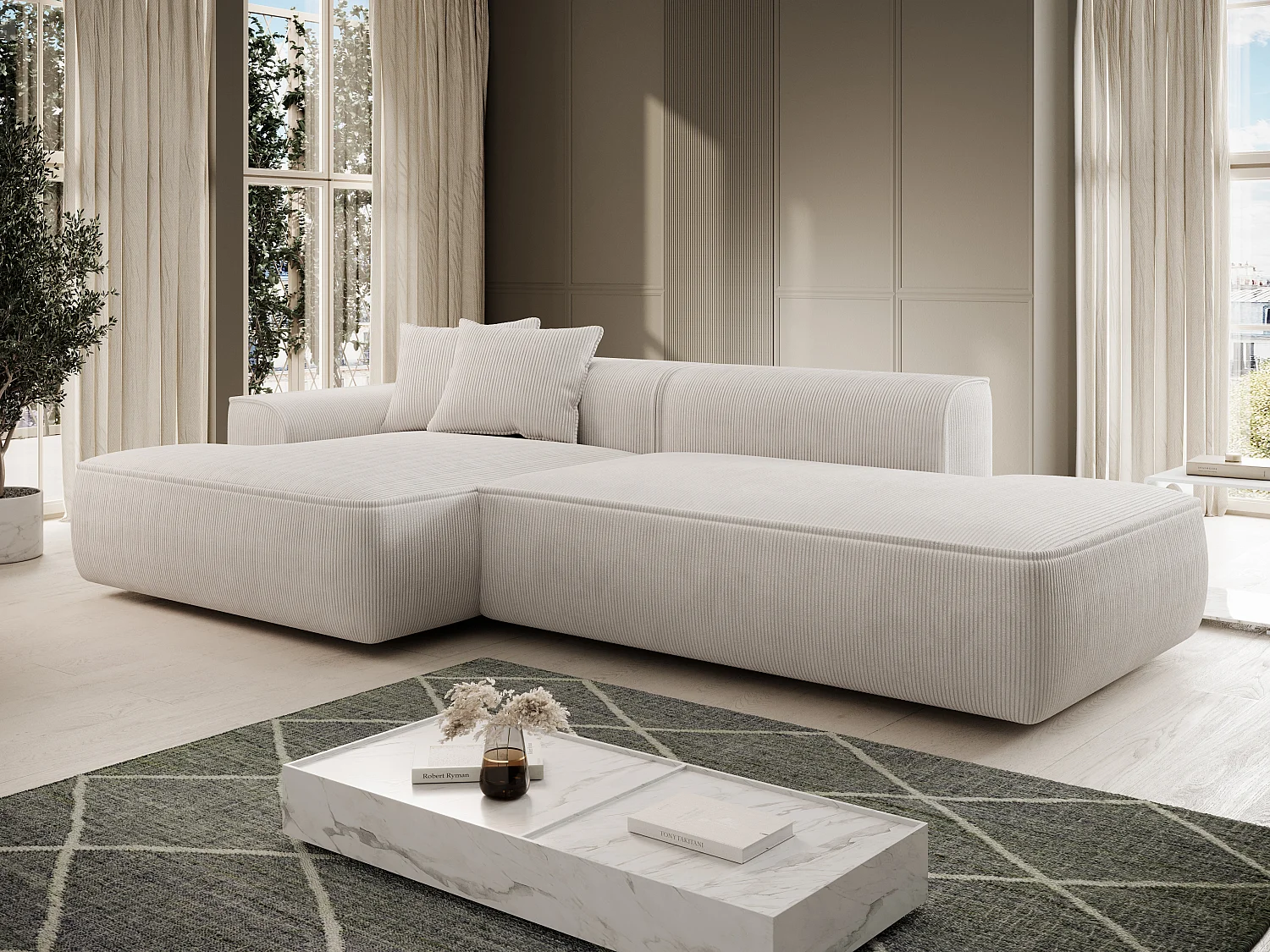 Canapé d'angle gauche en velours côtelé beige ERYNEL