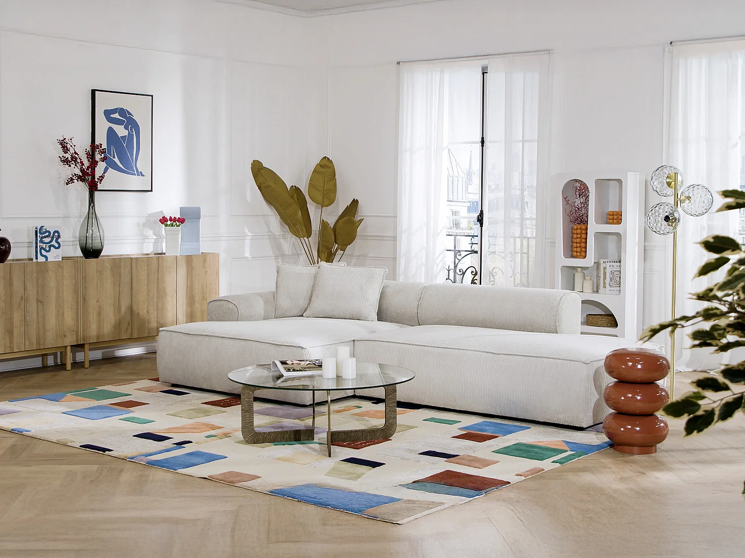 Zitbank met hoek links in beige ribfluweel ERYNEL