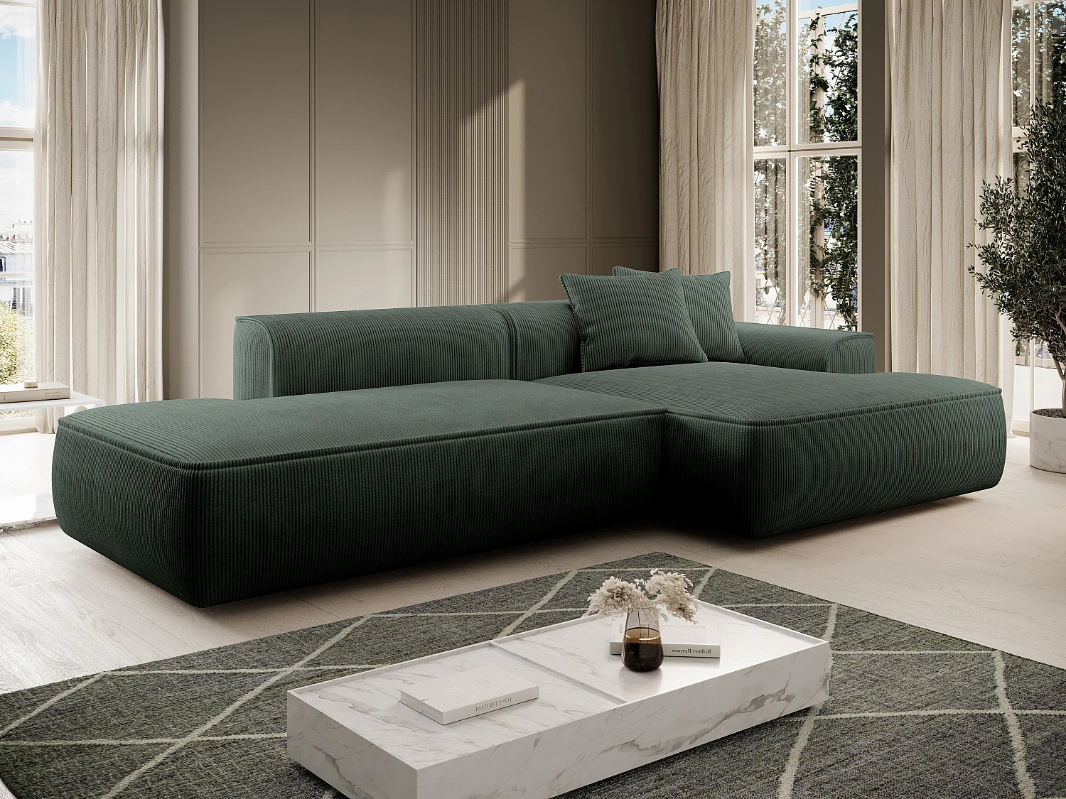 Ecksofa - Ecke rechts - Cord - Grün - Tannengrün - ERYNEL