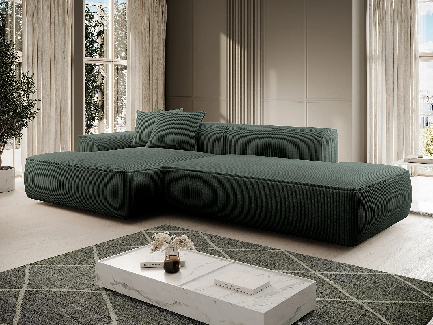 Canapé d'angle gauche en velours côtelé vert sapin ERYNEL