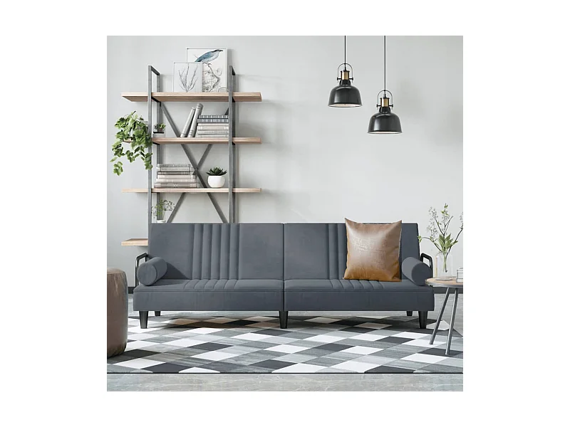 Sofá-cama com apoio de braços veludo cinzento-escuro