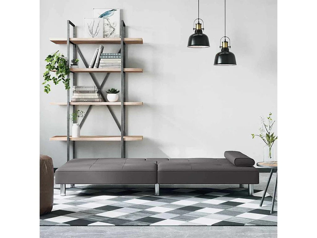 Sofá-cama com suporte para copos couro artificial cinzento