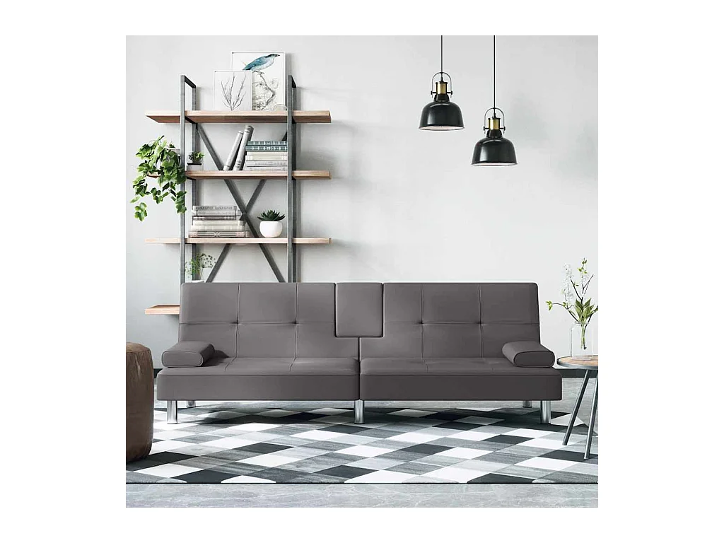 Canapé-lit avec porte-gobelets gris similicuir