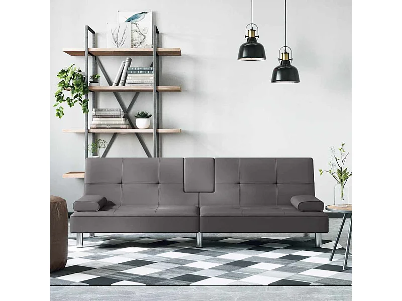 Canapé-lit avec porte-gobelets gris similicuir