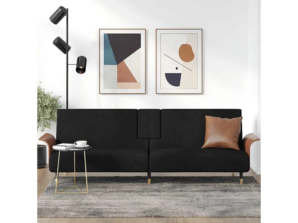 Sofá cama con portavasos terciopelo negro
