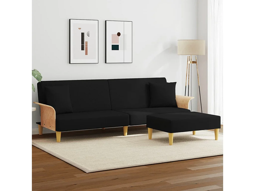 Canapé-lit à 2 places et oreillers et repose-pied noir velours