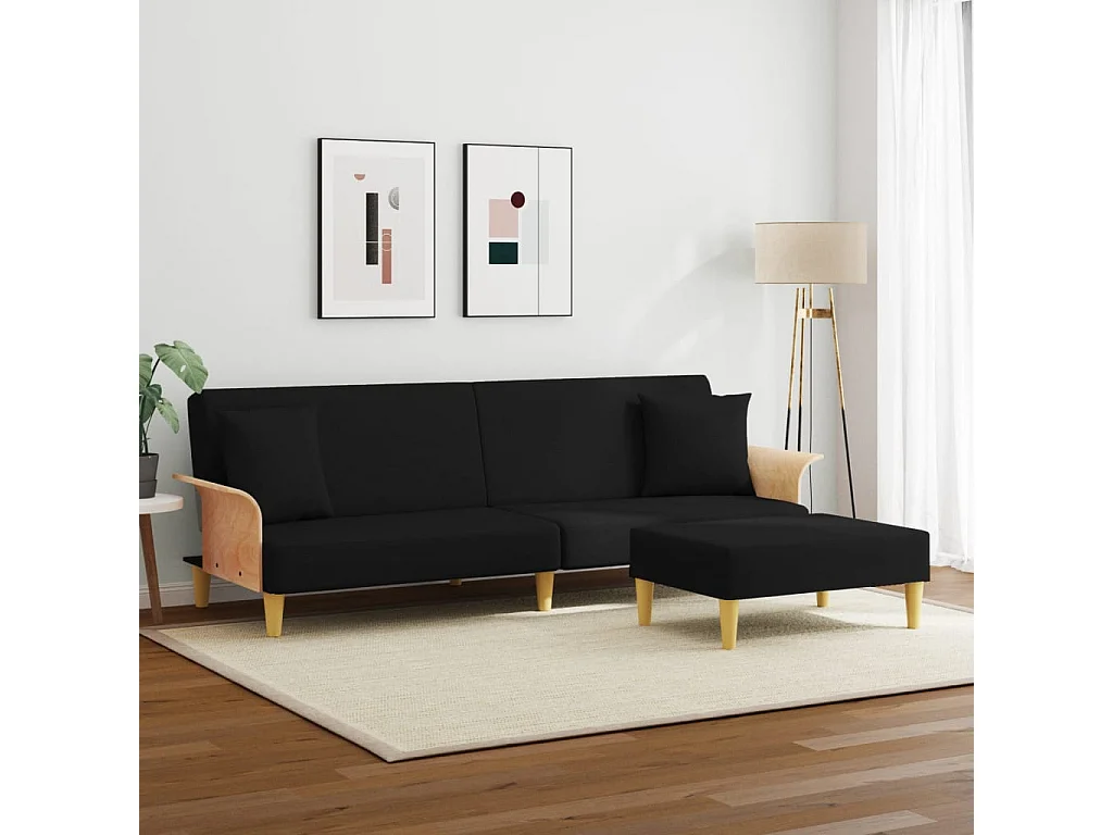 Canapé-lit à 2 places et oreillers et repose-pied noir velours