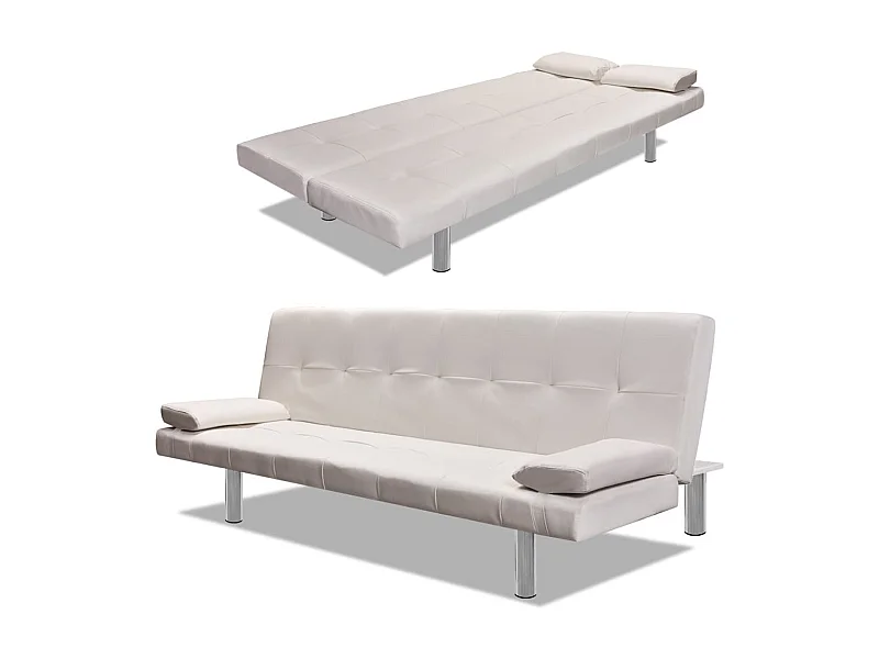 Sofá cama con dos cojines cuero artificial ajustable crema