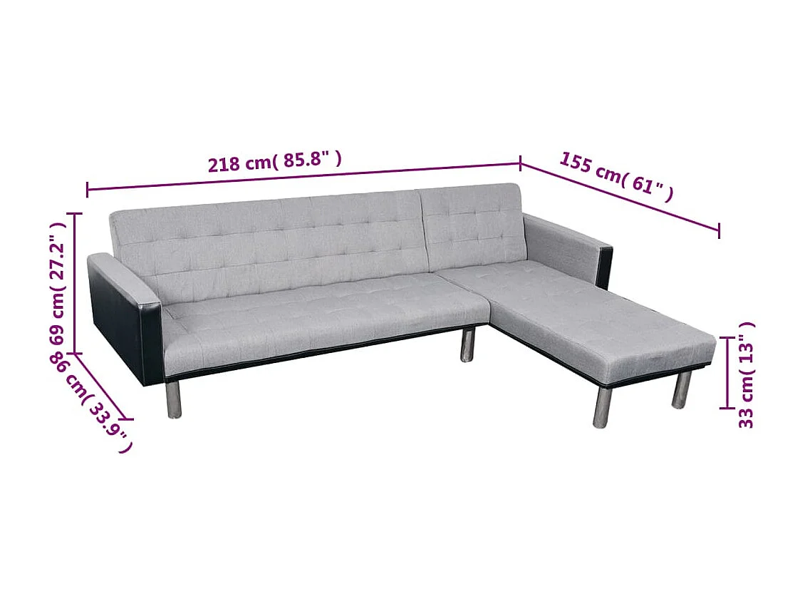 Sofá-cama em forma de L tecido preto e cinzento