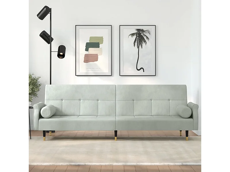 Sofá cama con cojines terciopelo gris claro