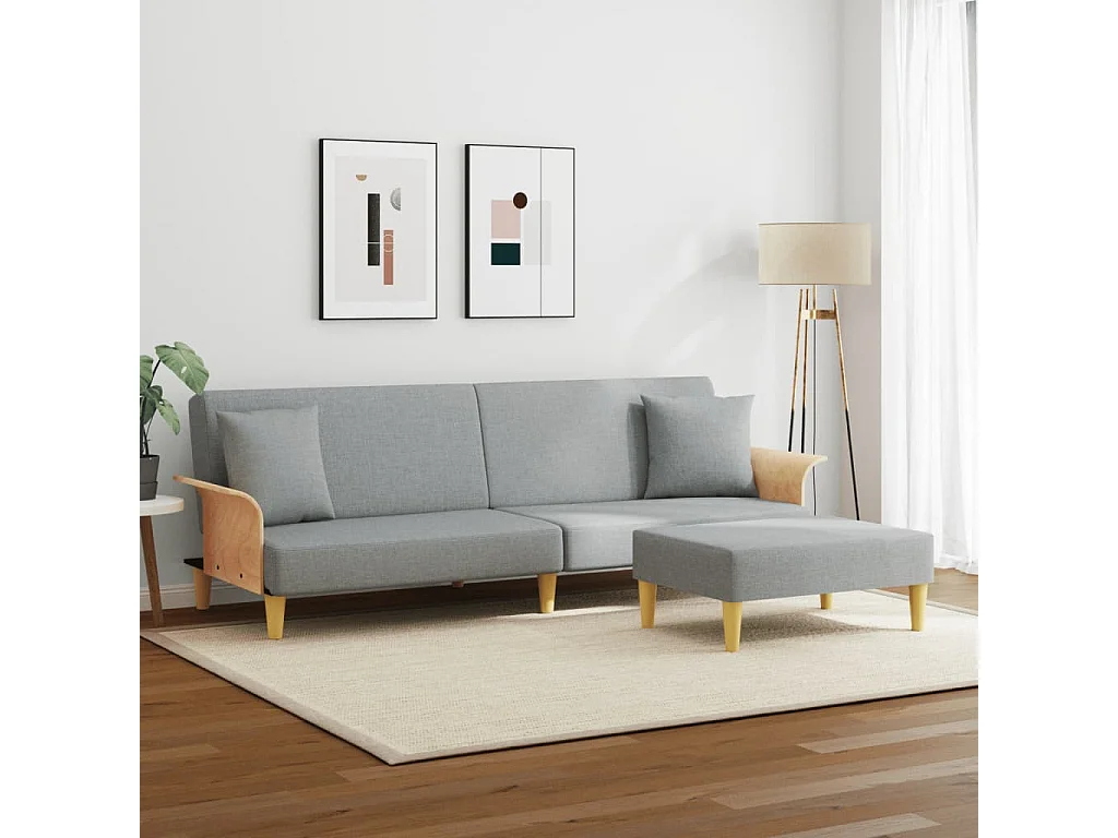 Canapé-lit à 2 places avec oreillers et repose-pied gris clair