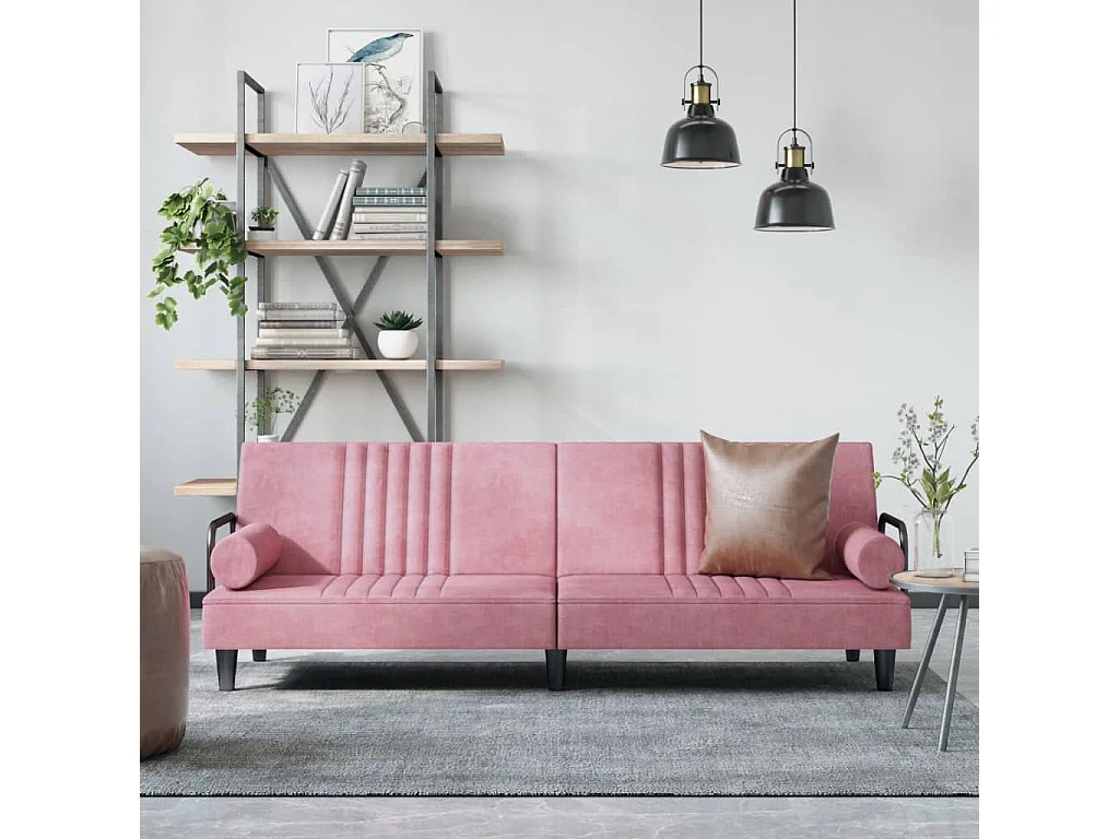 Sofá-cama com apoio de braços veludo rosa