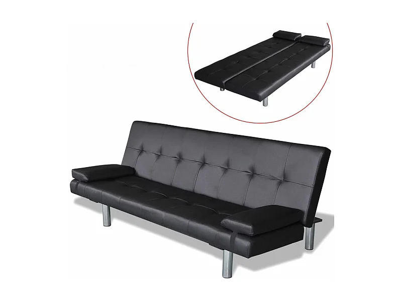 Sofa-cama ajustável com 2 almofadas couro artificial preto
