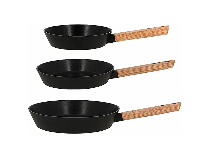 Ogo Living - Set De 3 Poeles Ector Noir En Aluminium 20/24/ 28cm Avec Poignee Bois