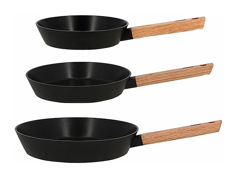 Ogo Living - Set De 3 Poeles Ector Noir En Aluminium 20/24/ 28cm Avec Poignee Bois